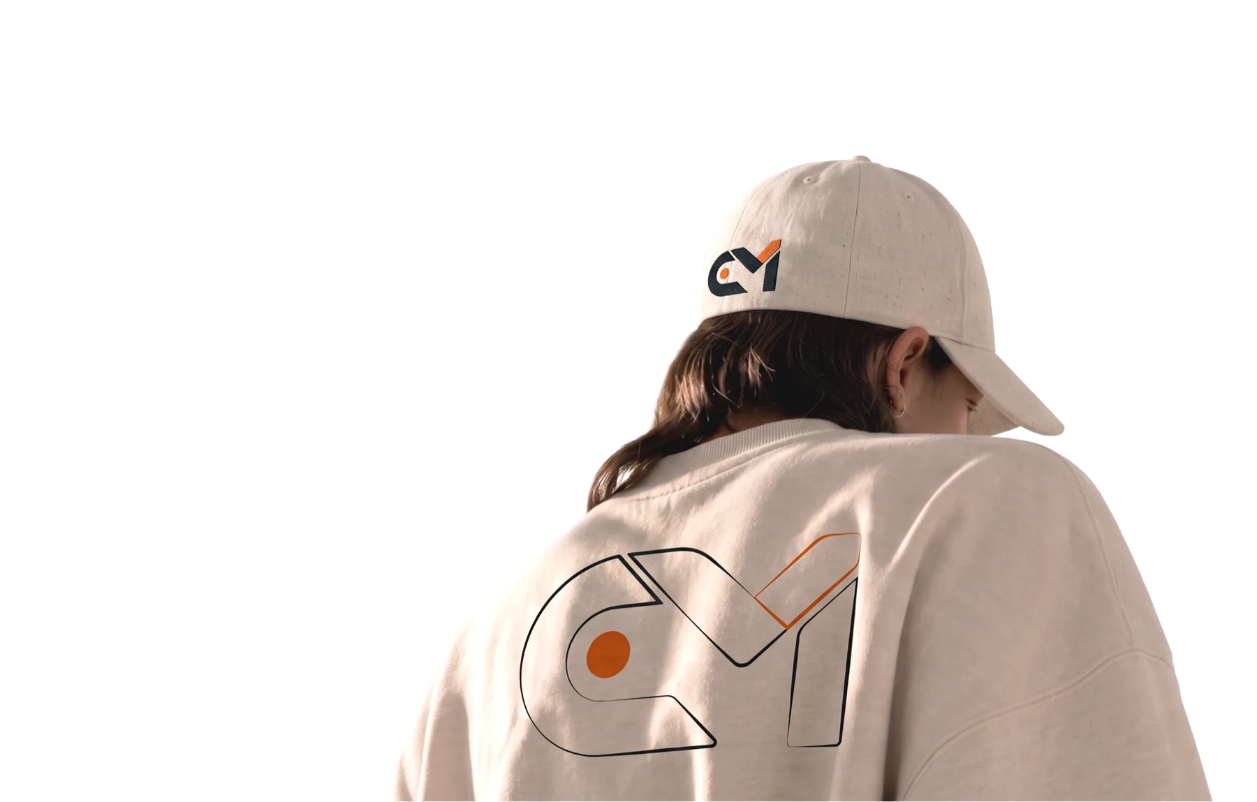 Model in a Customanic cap and sweatshirt, seen from behind