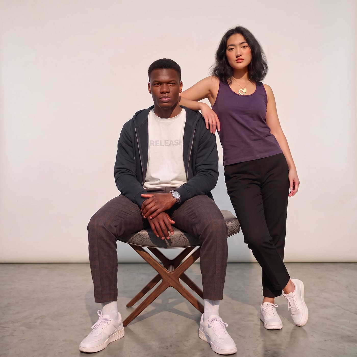 Two models in a studio, one seated on a stool